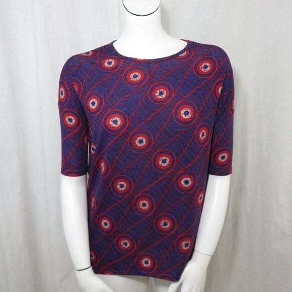 LuLaRoe XS Blue Red Spiderweb Bulls Eye Irma Tunic Shirt Top - Picture 2 of 10